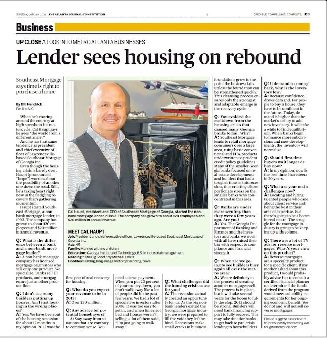 AJC - Lender sees housing on rebound - Cal Haupt - 1/20/2013