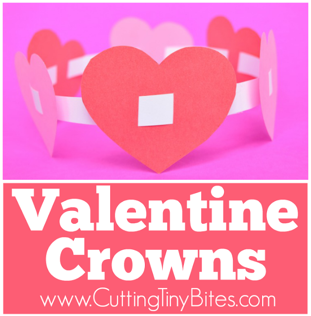 Valentine Crowns- Easy paper craft for kids.  Simple hearts threaded on a headband make a fun play prop and fine motor activity for preschoolers or kindergartners!