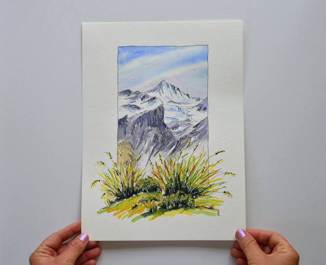 "Mount Aspiring from Liverpool Ridge" - watercolour painting. Renee Walden.