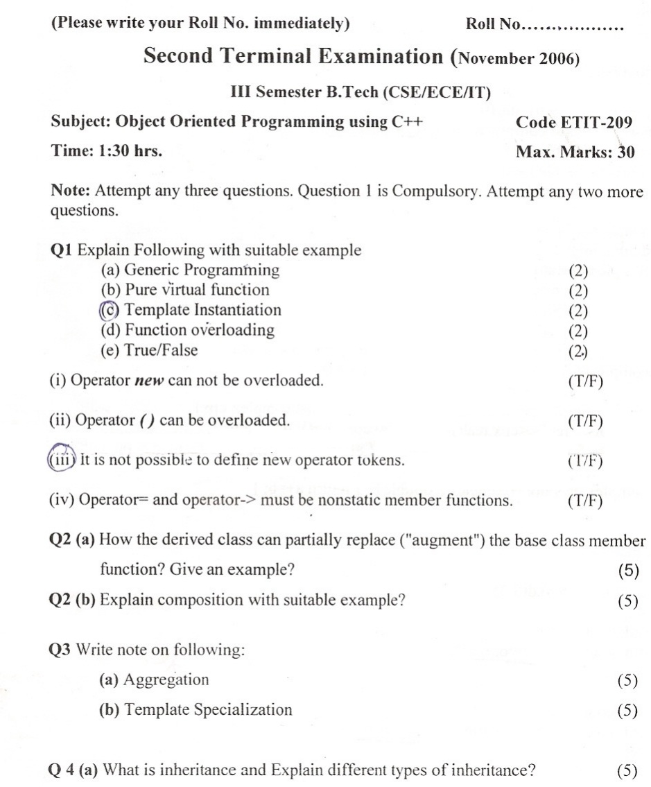 GGSIPU QUESTION PAPERS: Second Term 2006 ETIT 209 Object Oriented ...