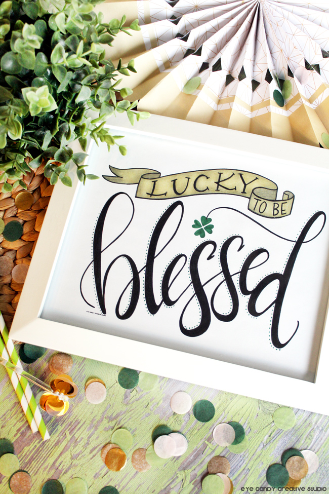 hand lettering, confetti, green & gold, hand lettered, free art print, st pattys day