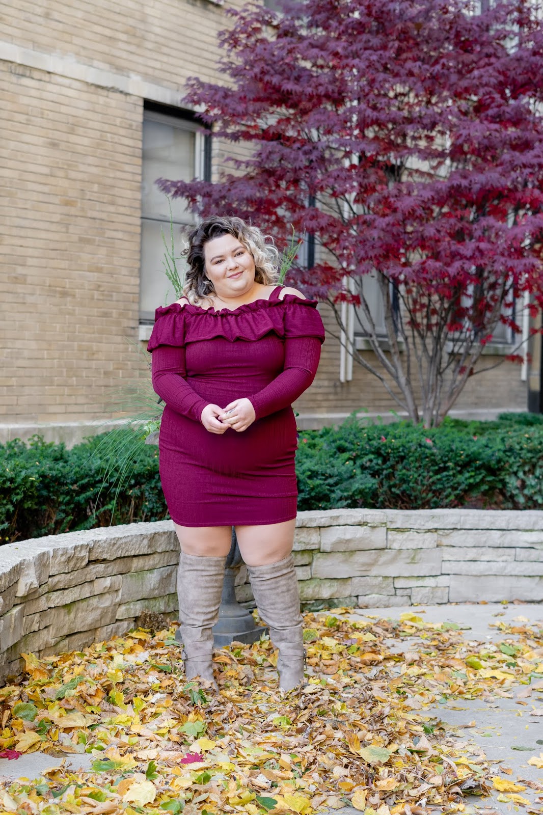 natalie craig, natalie in the city, plus size fall fashion, 2018, off the shoulder dress, burgundy dresses, fashion to figure, new york and company, chicago, chicago plus size fashion blogger, petite plus size fashion blogger, just fab, wide calf boots