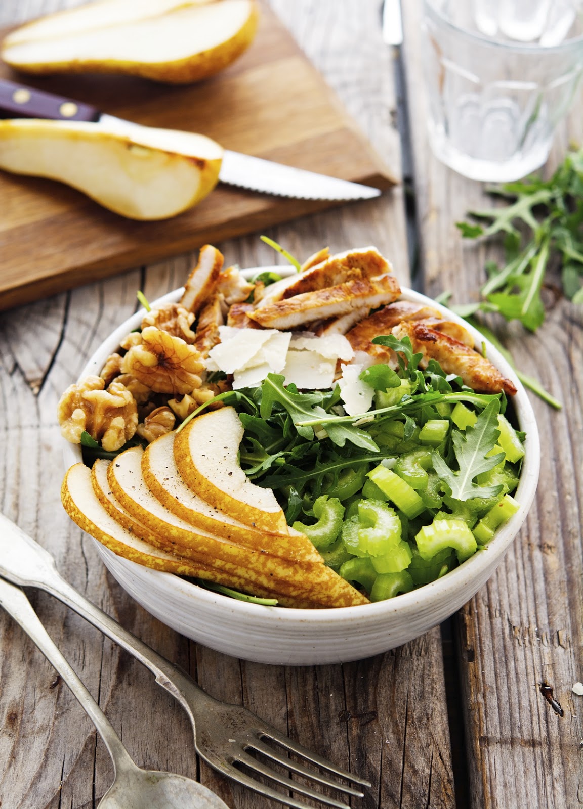 Grilled Chicken Arugula and Pear Salad with Toasted Walnuts