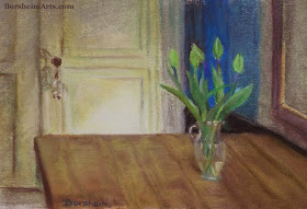 Green Tulips Pastel Painting art drawing on paper, work in progress