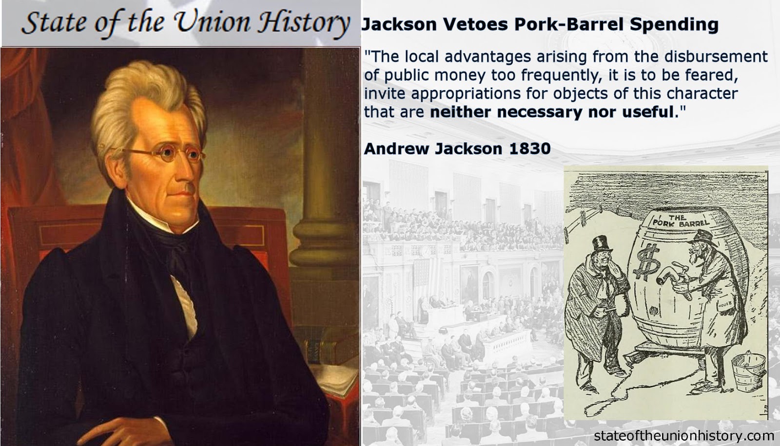 State of the Union History 1830 Andrew Jackson Jackson Vetoes Pork Belly Spending