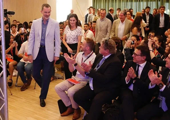 Queen Letizia wore Carolina Herrera floral print silk blouse for Girona Foundation's meeting at Malavella Hotel Camira in Girona