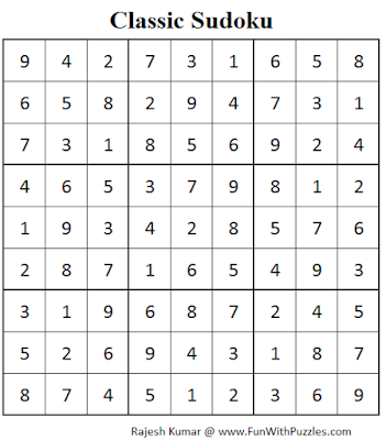 Classic Sudoku (Fun With Sudoku #70) Solution