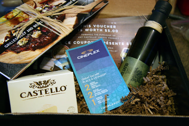 Castello giveaway for the movie burnt with olive oil, castello brie, tasting recipes and castello cheese vouchers in a box. 