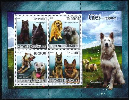 2008年サントメ・プリンシペ民主共和国 グローネンダール コーカサス・シープドッグ シェパードなど牧羊犬4犬種の切手シート
