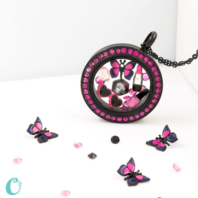 Origami Owl Black Twist Locket Face with Fuchsia Crystals available at StoriedCharms.com