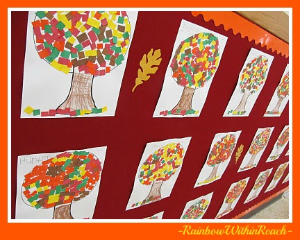photo of: Bulletin Board of Fall Trees made with 'Mosaic' Leaves (Bulletin Board RoundUP via RainbowsWIthinReach) 