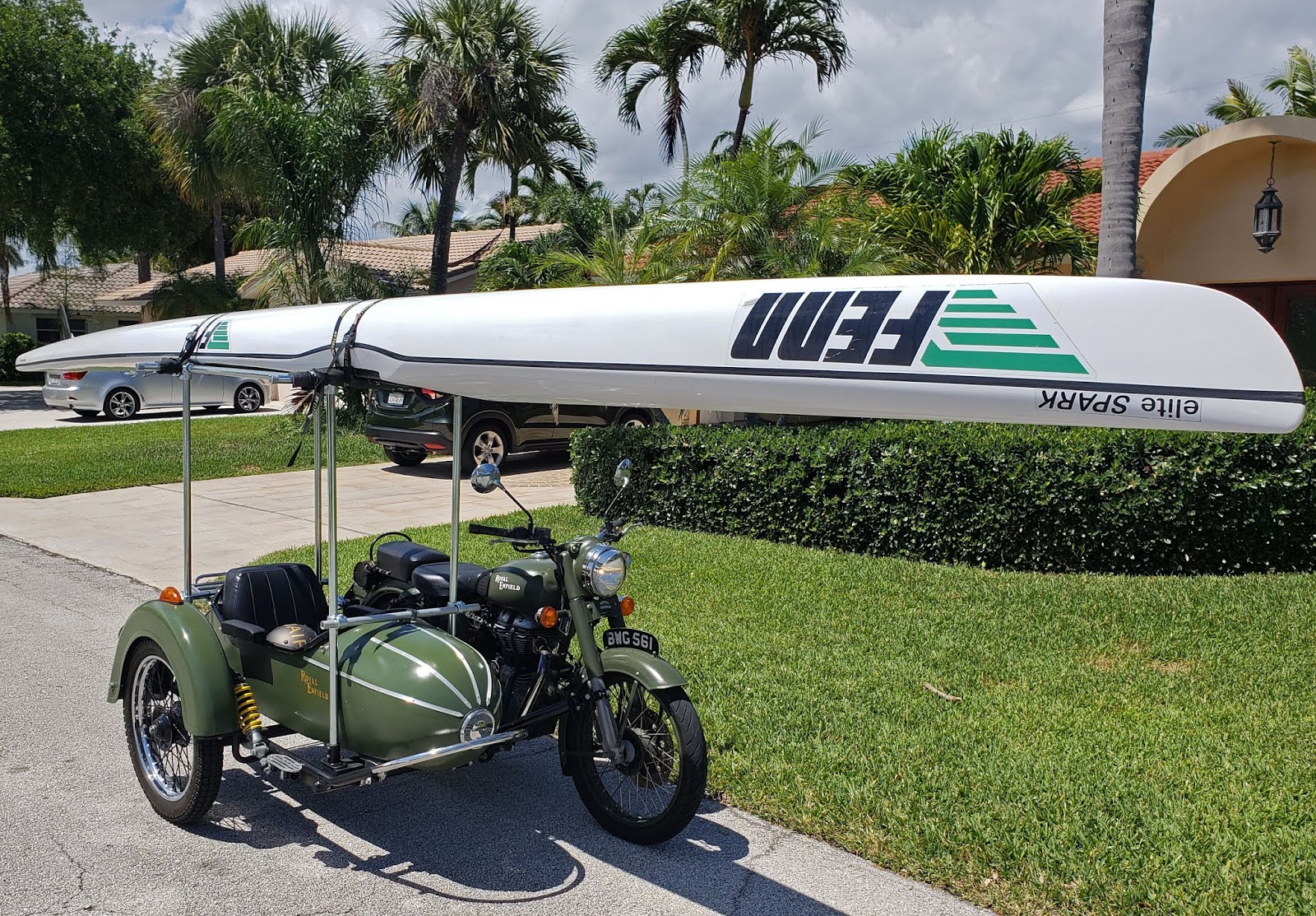 His Royal Enfield sidecar rig takes him surfing