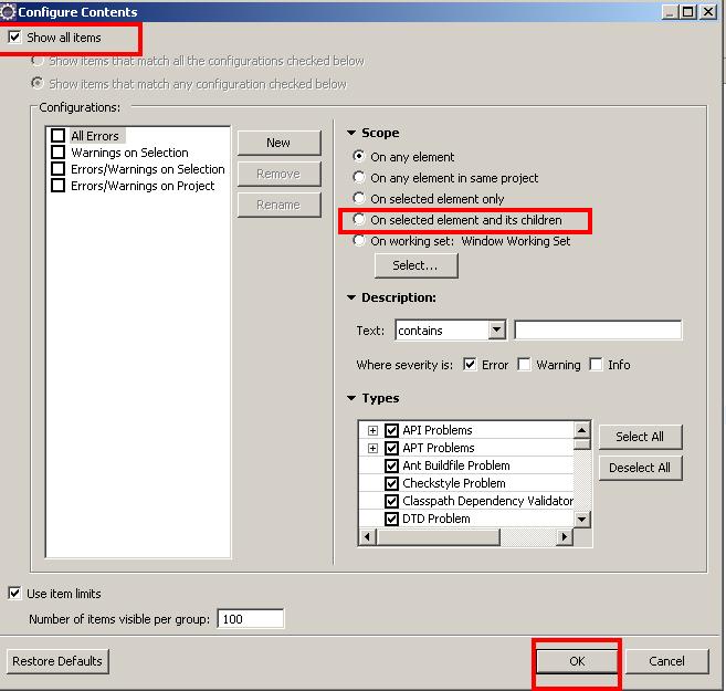 Eclipse ver Errores/Warning por proyecto? En el codigo