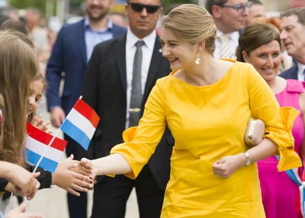 Luxembourg 2019 National Day celebrations. Grand Duke Henri and Grand Duchess Maria Teresa. Asos dress with bow sleeve in yellow