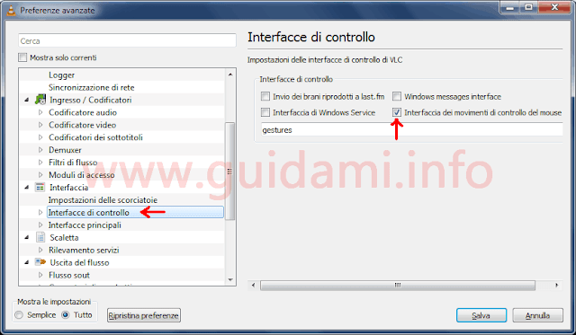 VLC finestra Preferenze avanzate Interfacce di controllo