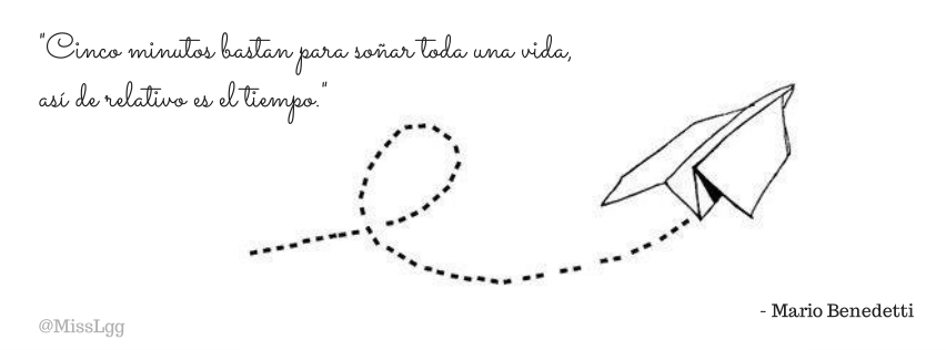 facebook cover simple sencillo avión de papel frase de Mario Benedetti: "Cinco minutos bastan para soñar toda una vida, así de relativo es el tiempo" paper plane quotes
