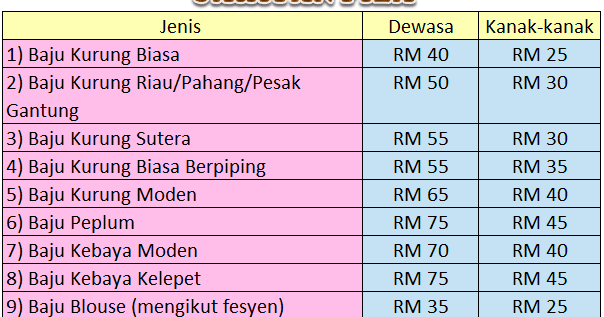 JAHITAN FIZA Harga  Tempahan