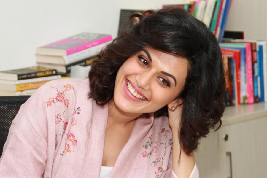Taapsee Pannu Smiling Face Photoshoot In Pink Dress