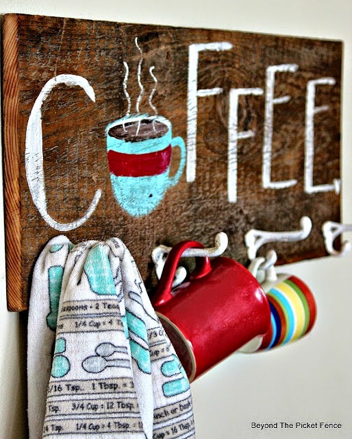 reclaimed wood, coffee, sign, cup hook, hand painted sign, Beyond The Picket Fence,http://bec4-beyondthepicketfence.blogspot.com/2015/02/coffee-culture.html 