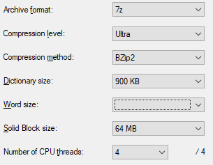 format archiwum: 7z. poziom kompresji: Ultra. Metoda kompresji: bzip2. Rozmiar słownika: 900kb. Rozmiar bloku: 64MB
