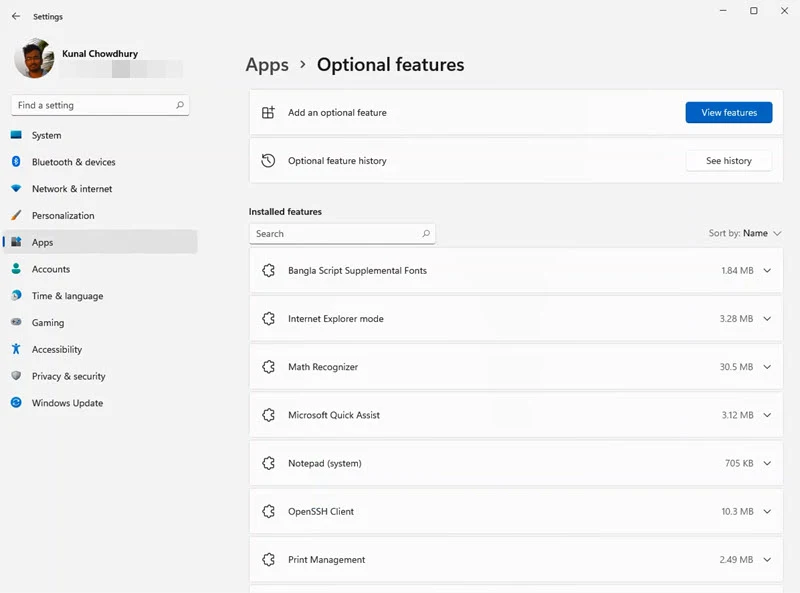 A quick look to Windows 11 Settings app - Apps - Optional Features