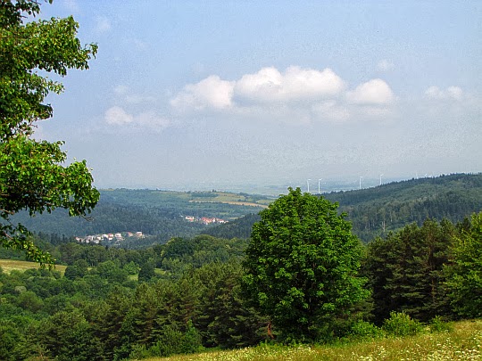 Rymanów-Zdrój, a w dali wiatraki rymanowskiej fermy wiatrowej.