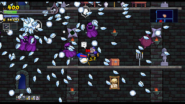 Rogue Legacy - The character is surrounded by purple ice mages and hundreds of projectiles.