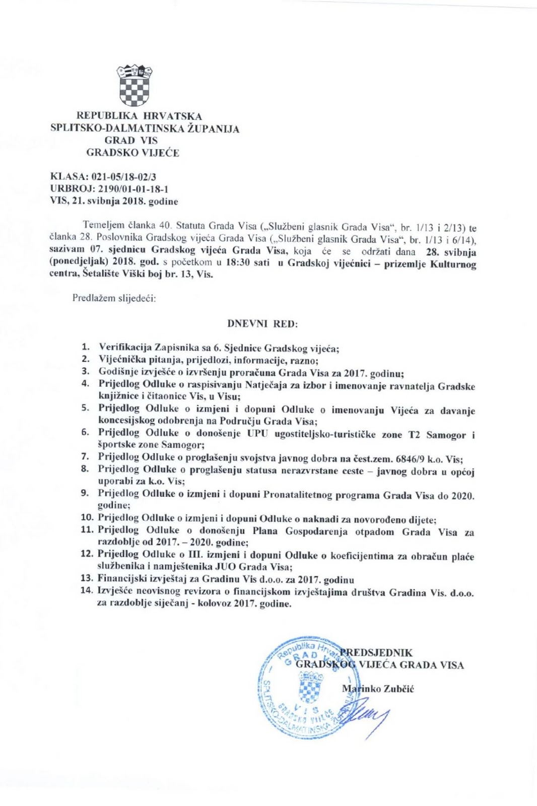 poziv i dnevni red za 7 sjednicu gv grada visa issa vis kut dnevni red