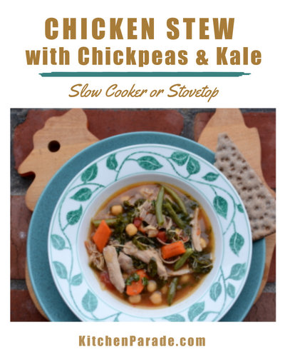 Chicken Stew with Chickpeas & Kale ♥ KitchenParade.com, a hearty, one-pot supper dish for the stovetop or slow cooker, with warm spices and fresh vegetables. Weight Watchers Friendly. Low Carb. High Protein. Gluten Free. Great for Meal Prep.