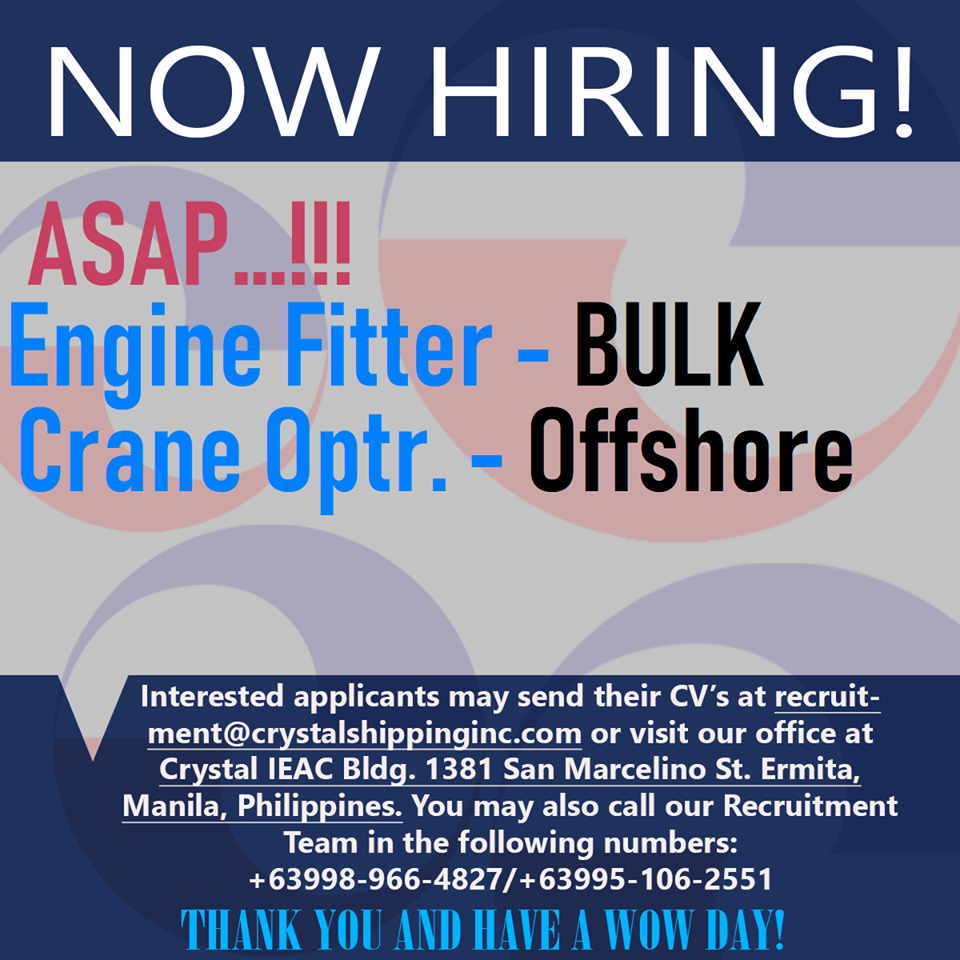 Hiring Fitter, Crane Operator For Bulk Carrier & Offshore Vessels