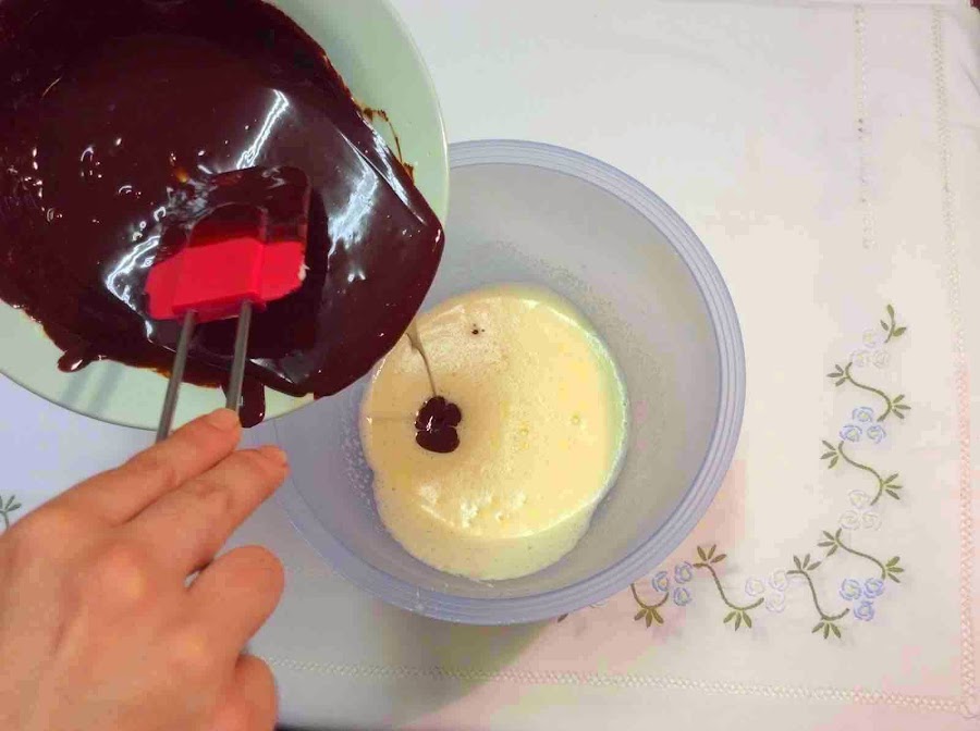 Mezcla de huevos, azúcar, chocolate fundido y mantequilla