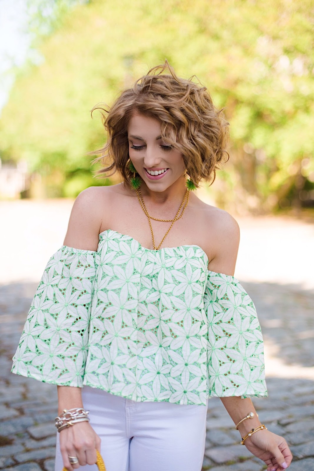 Green Lace OTS Top Spring Style - Something Delightful Blog 