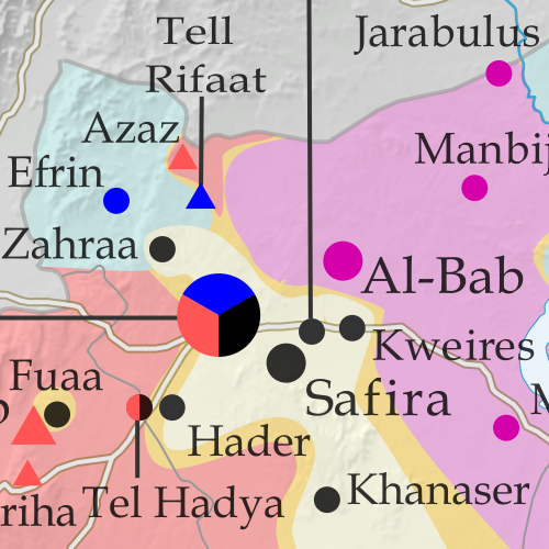 Map of fighting and territorial control in Syria's Civil War (Free Syrian Army rebels, Kurdish YPG, Syrian Democratic Forces (SDF), Al-Nusra Front, Islamic State (ISIS/ISIL), and others), updated for March 2016. Now includes terrain and major roads (highways). Highlights recent locations of conflict and territorial control changes, such as Daraa, Khanaser, Tell Rifaat, Shadadi, the Aleppo Power Plant, and more.