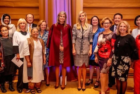 Queen Maxima wore Burberry London trench coat, she wore Natan dress and Gianvito Rossi pumps. Ivanka Trump at a initiative meeting