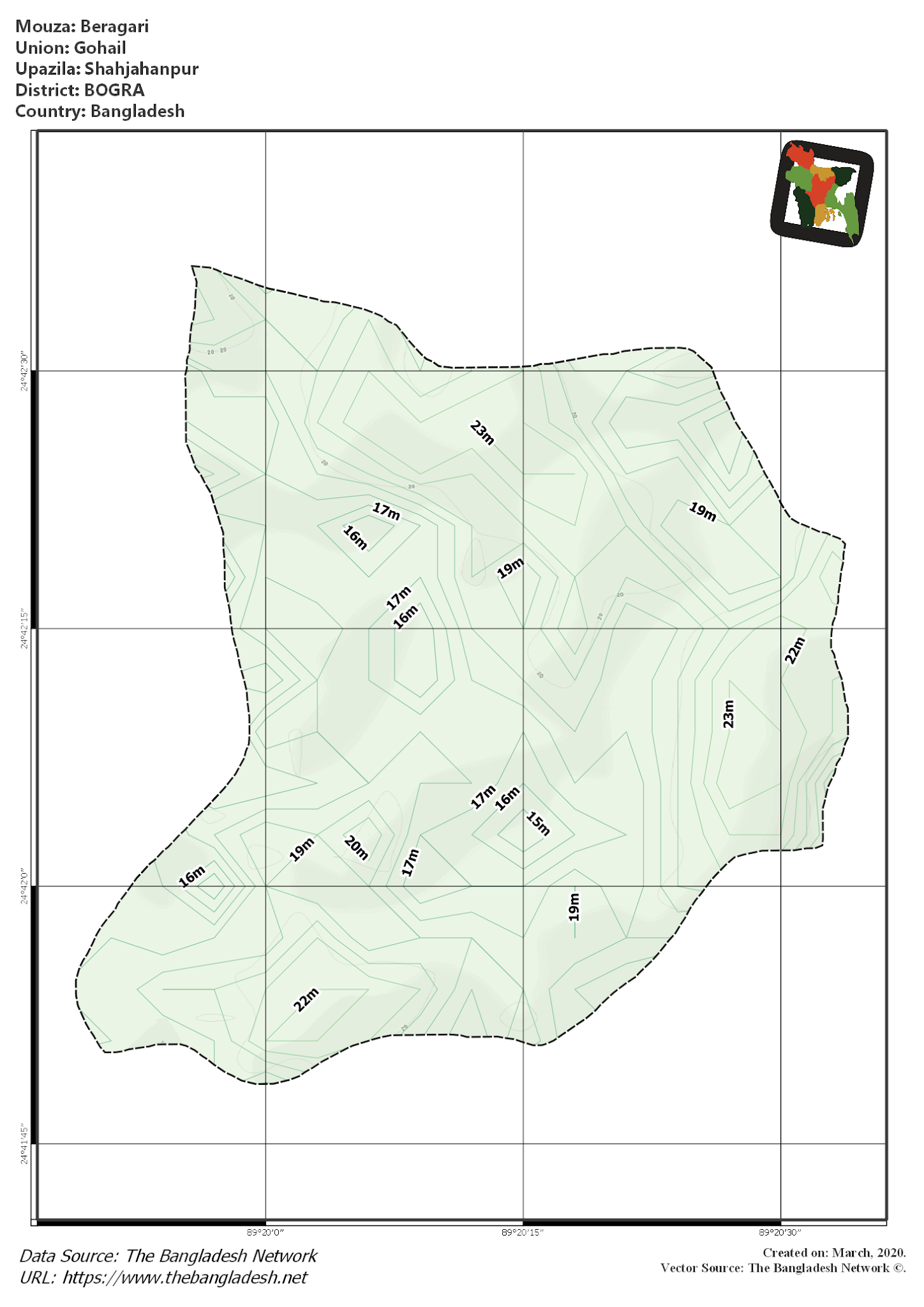 Map of Beragari Mouza of Shahjahanpur Upazila, BOGRA, Bangladesh.