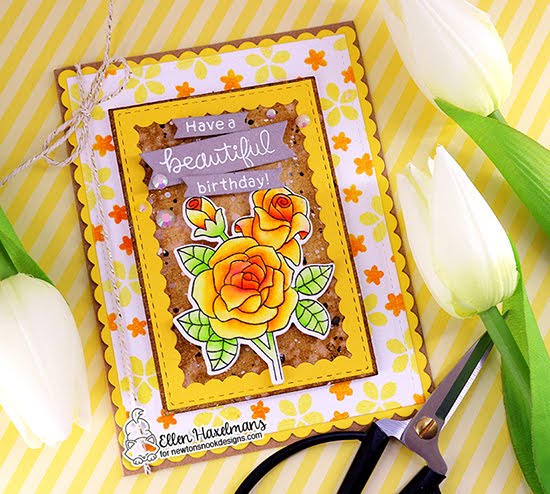 Yellow Roses Birthday Card by Ellen Haxelmans | Roses Stamp Set, Framework Die Set, Frames & Flags Die Set and Petite Flowers Stencil by Newton's Nook Designs #newtonsnook