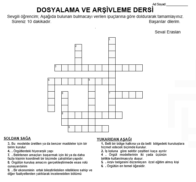 DOSYALAMA VE ARŞİVLEME DERSİ BULMACA
