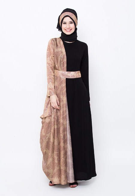 model gamis batik kombinasi polos hitam fashion
