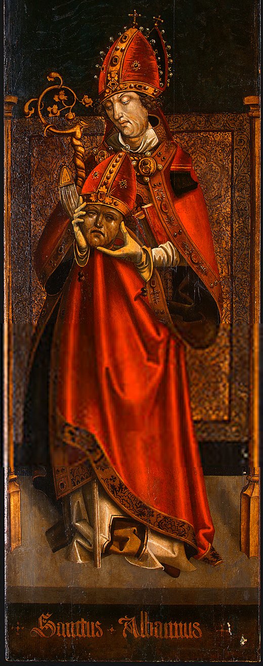 Ο Ναξιώτης Άγιος Aubain.  Ο πίνακας του άγνωστου ζωγράφου(περίπου 1500) βρίσκεται στην Πινακοθήκη της Ουάσιγκτον (National Gallery of Art).