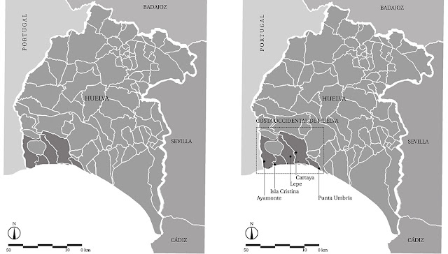 Plano izq:Provincia de Huelva y términos municipales. Plano derecha: Provincia de Huelva, términos municipales y municipios de la demarcación territorial Costa Occidental de Huelva, COH