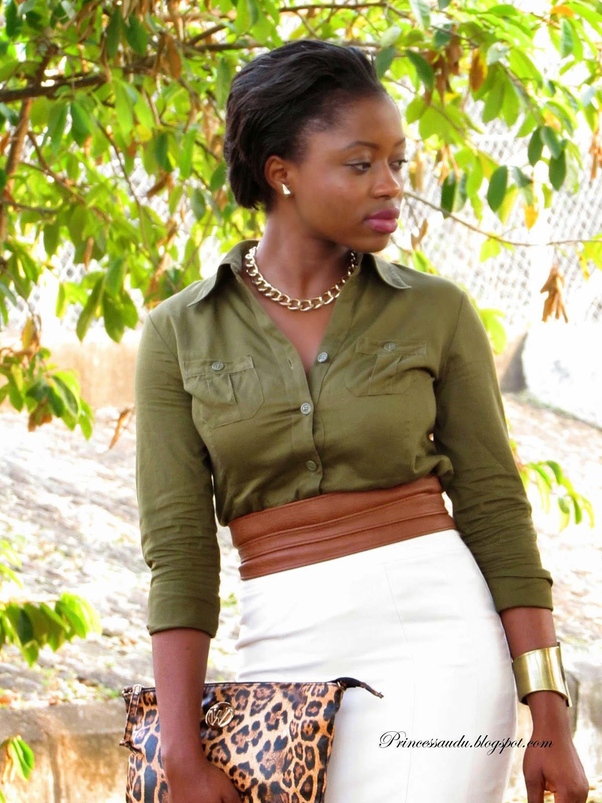 beige pencil skirt, Zara nude ankle strap sandals,khaki, leopard print clutch, army green shirt