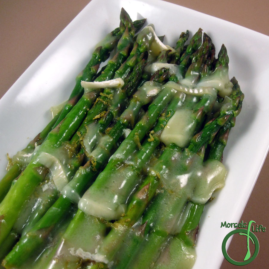 Morsels of Life - Brown Butter Asparagus - Fresh asparagus cooked in a citrusy brown butter sauce and topped with lime zest and Brie cheese.