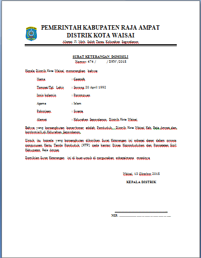Contoh Surat Keterangan Domisili Distrik Kota Waisai 