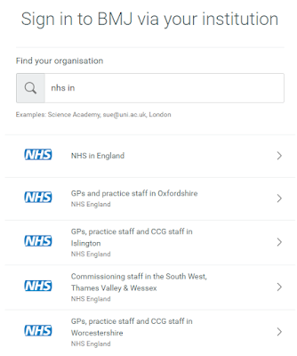 Screen-shot of the BMJ Best Practice Institution page, showing you to select NHS in England