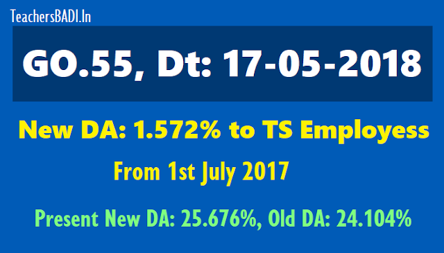 GO.55 New DA 1.572% to TS Employees from 1st July 2017 (Present DA 25.676%) Ts go.55 new da 1.572% to ts employees from 1st july 2017,present new da 25.676%,old da 24.104,da difference,da enhanced,da arrears in gpf cps account