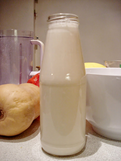 Pour the homemade almond milk into the sterilised bottle