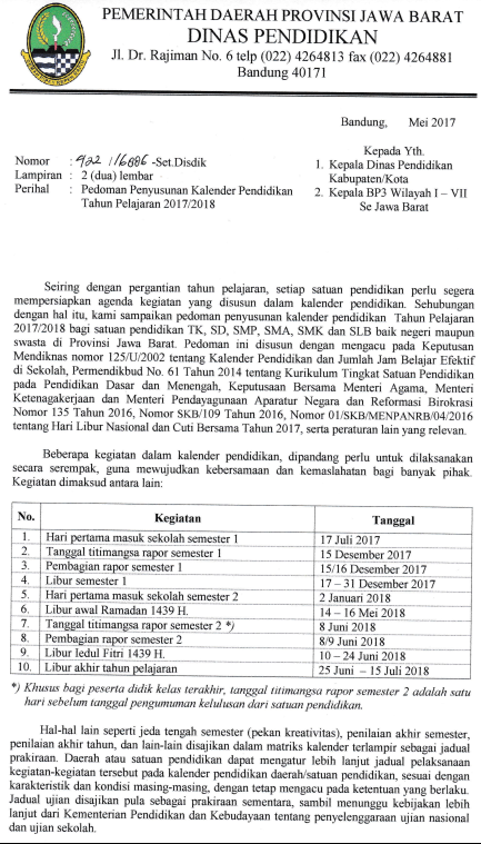 Kalender Pendidikan Tahun Pelajaran 20172018 Provinsi Jawa