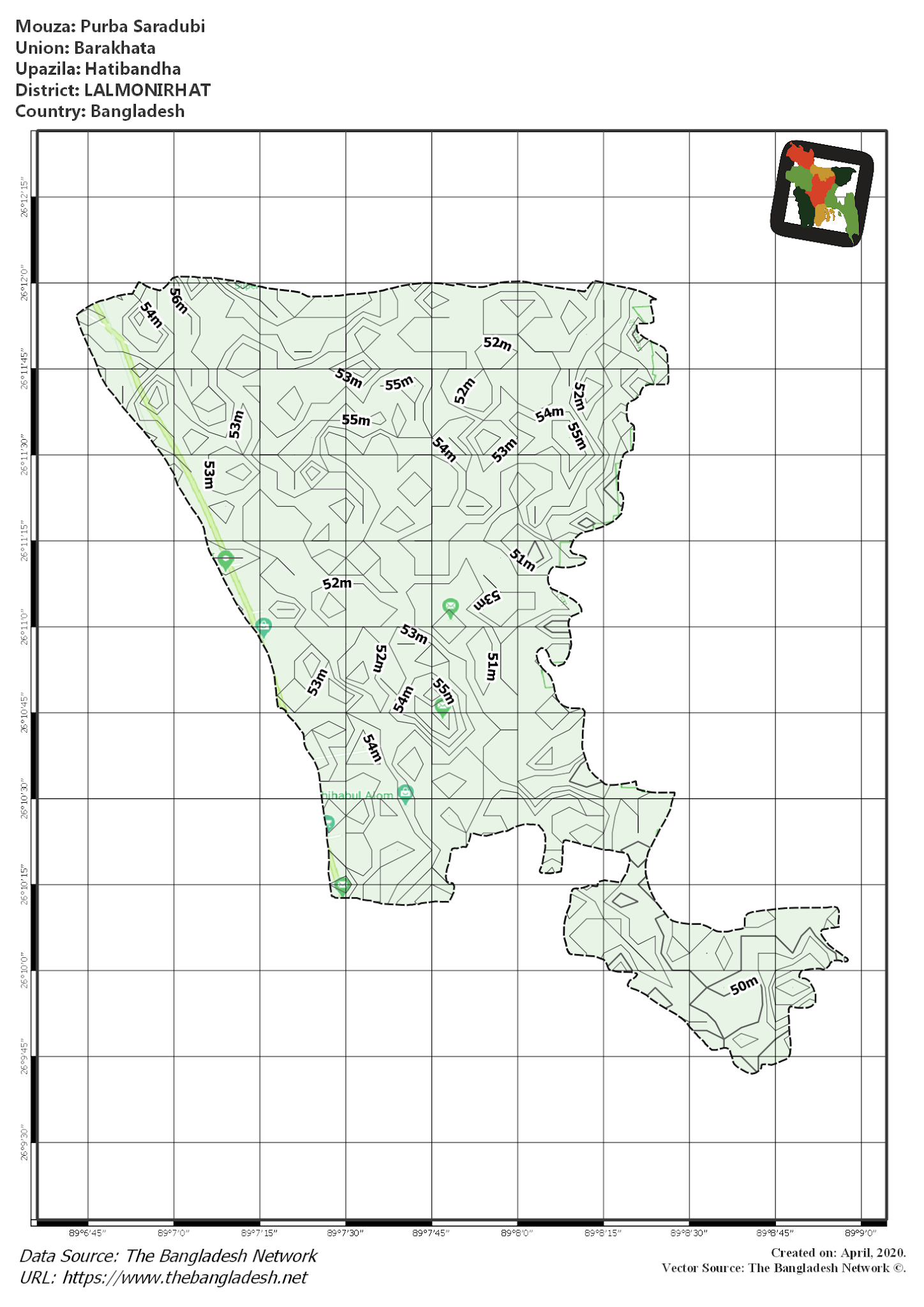 Map of Purba Saradubi Mouza of Hatibandha Upazila, LALMONIRHAT, Bangladesh.