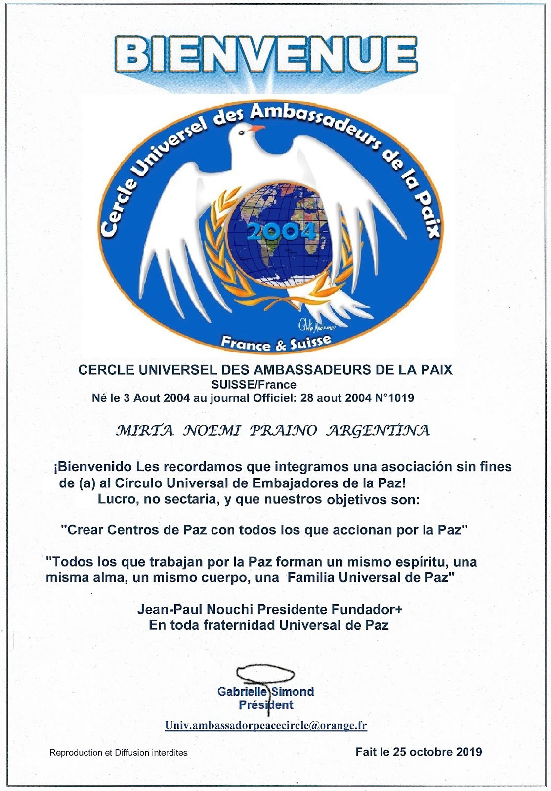 Mirta Praino  Recibe el Titulo de Embajadora Universal de la Paz