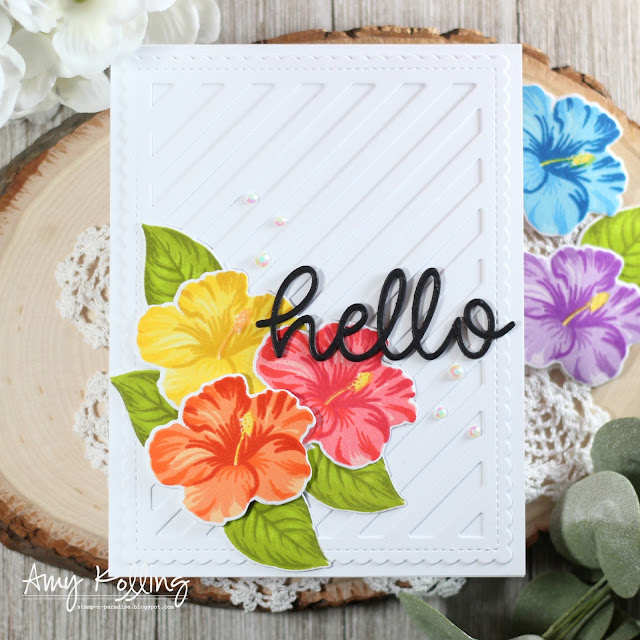 Sunny Studio Stamps: Hawaiian Hibiscus Frilly Frames Sunny Sentiments Hello Word Die Friendship Cards by Amy Kolling